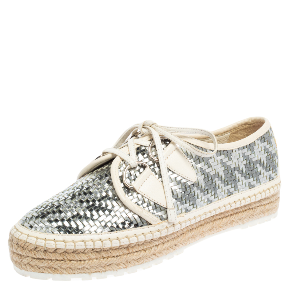 Dior Metallic Silver/White Woven Leather Espadrille Low Top Sneakers Size 39.5