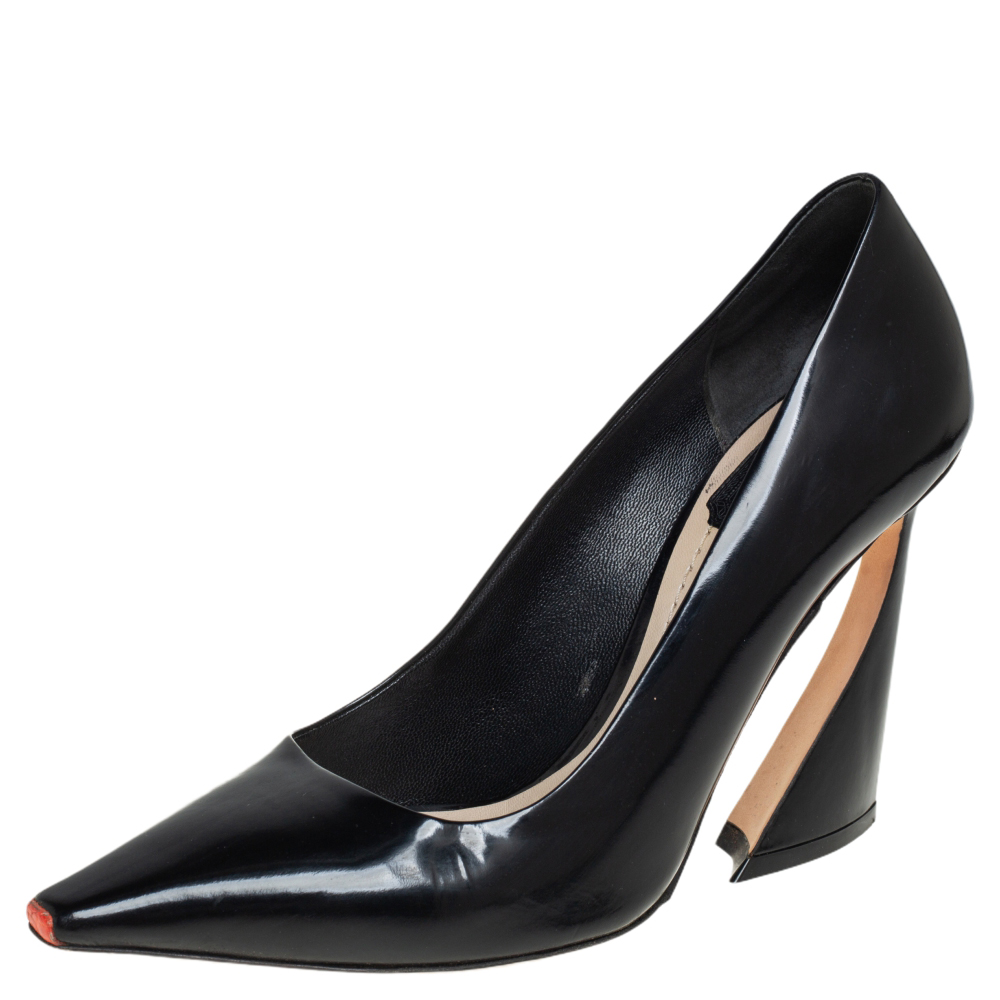 Dior Black Leather Pointed Toe Curved Heel Pumps Size 38