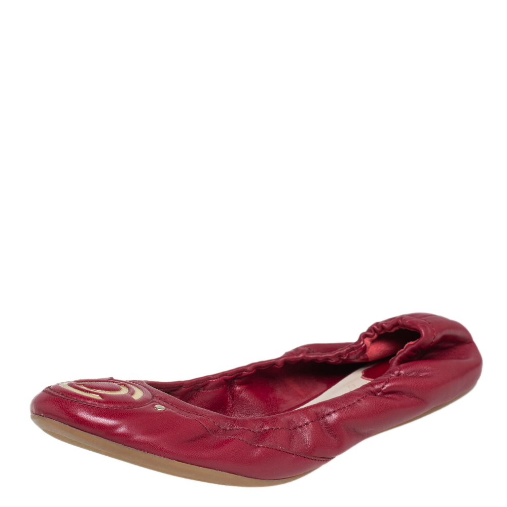 Dior Maroon Leather Logo Embossed Scrunch Ballet Flats Size 39