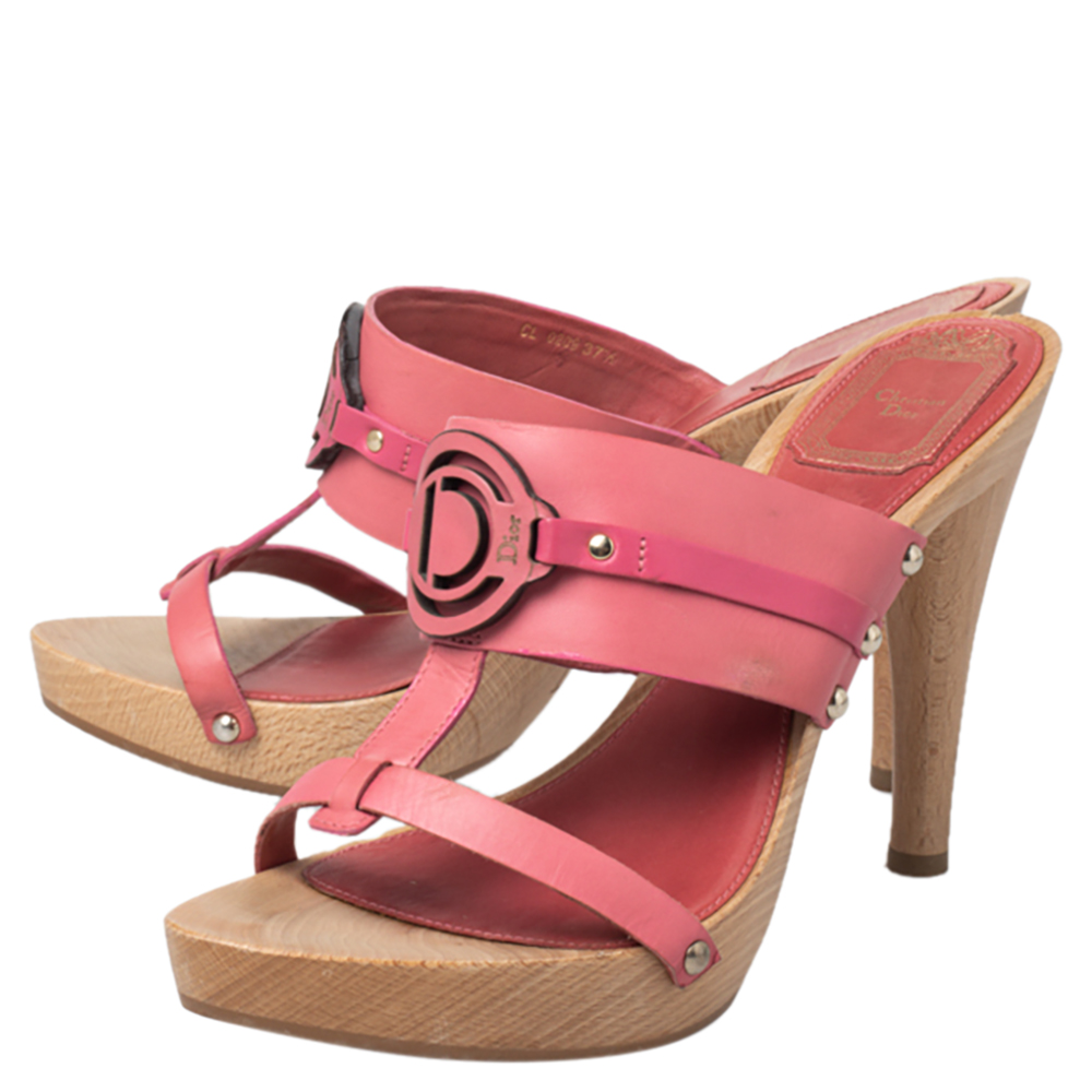 Dior Pink Leather Logo Embellished Slide Sandals Size 37.5