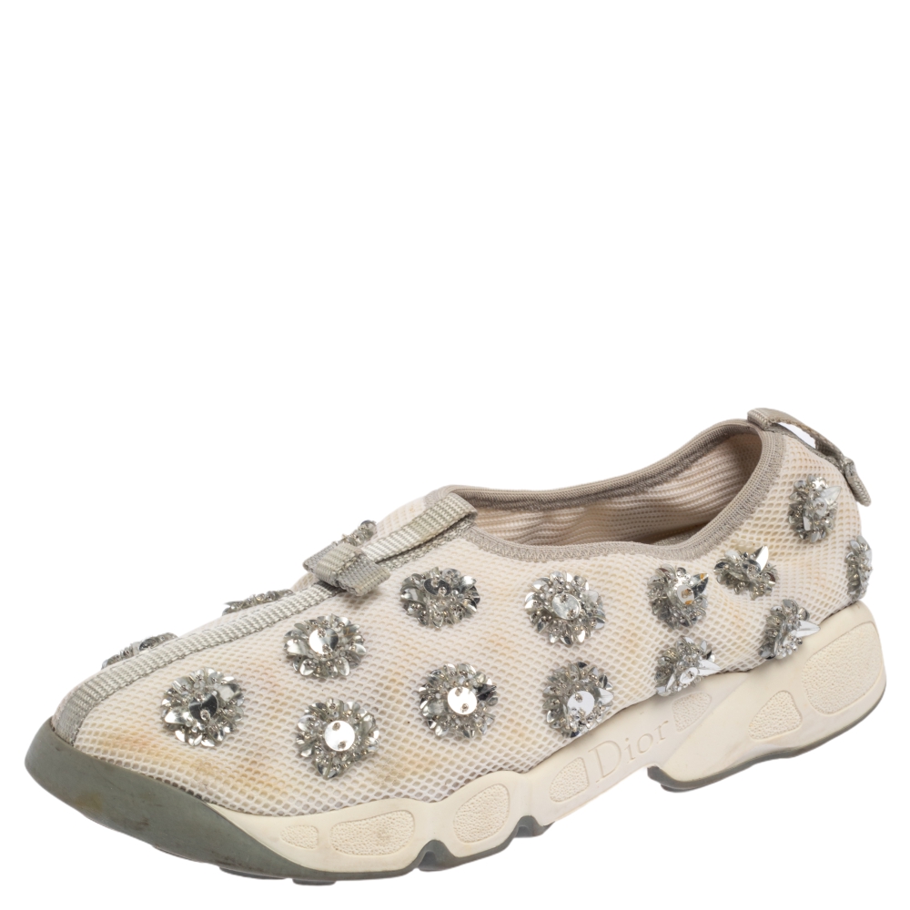 Dior white mesh fusion floral embellished slip on sneakers size 38