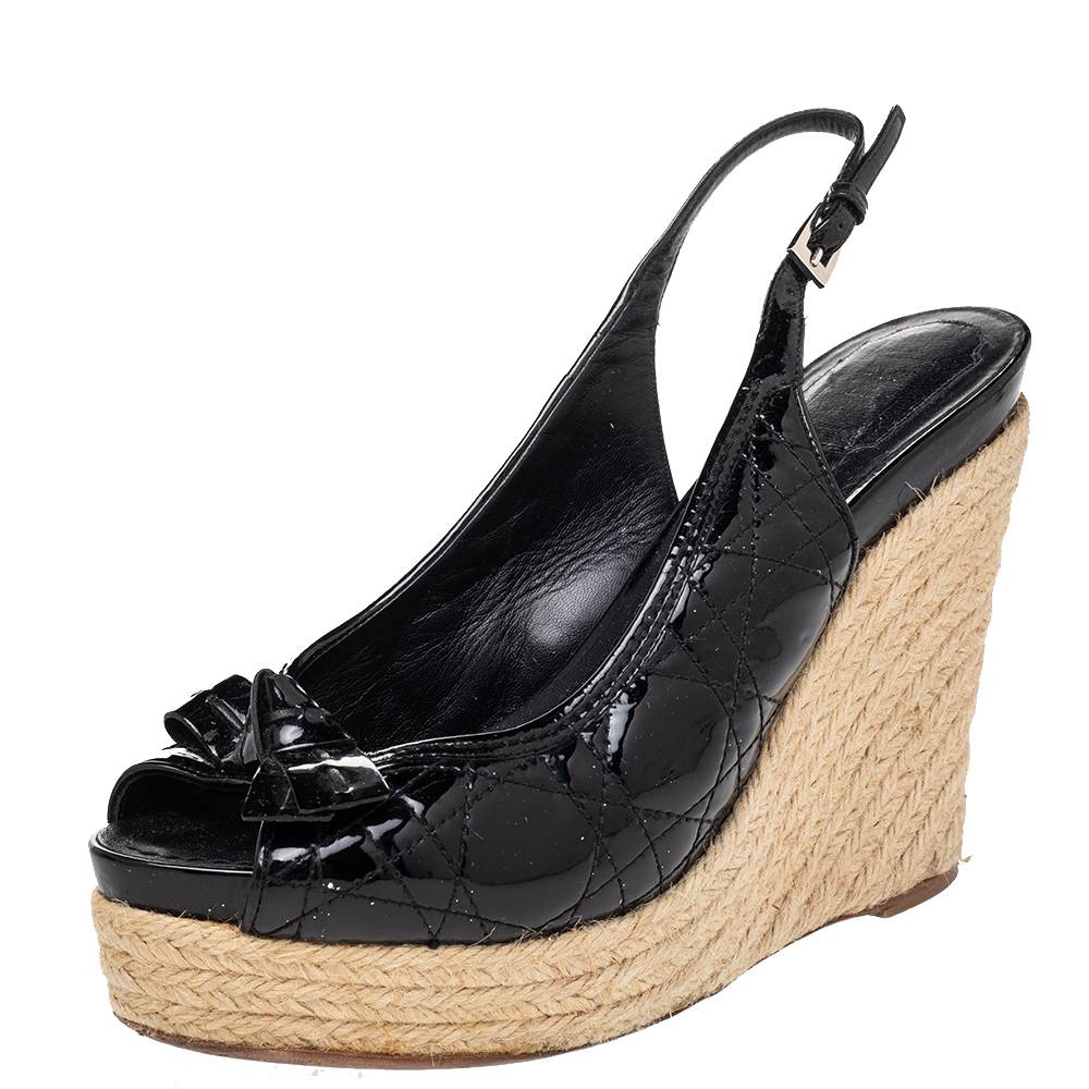 Dior Black Cannage Patent Leather Espadrille Wedge Sandals Size 40