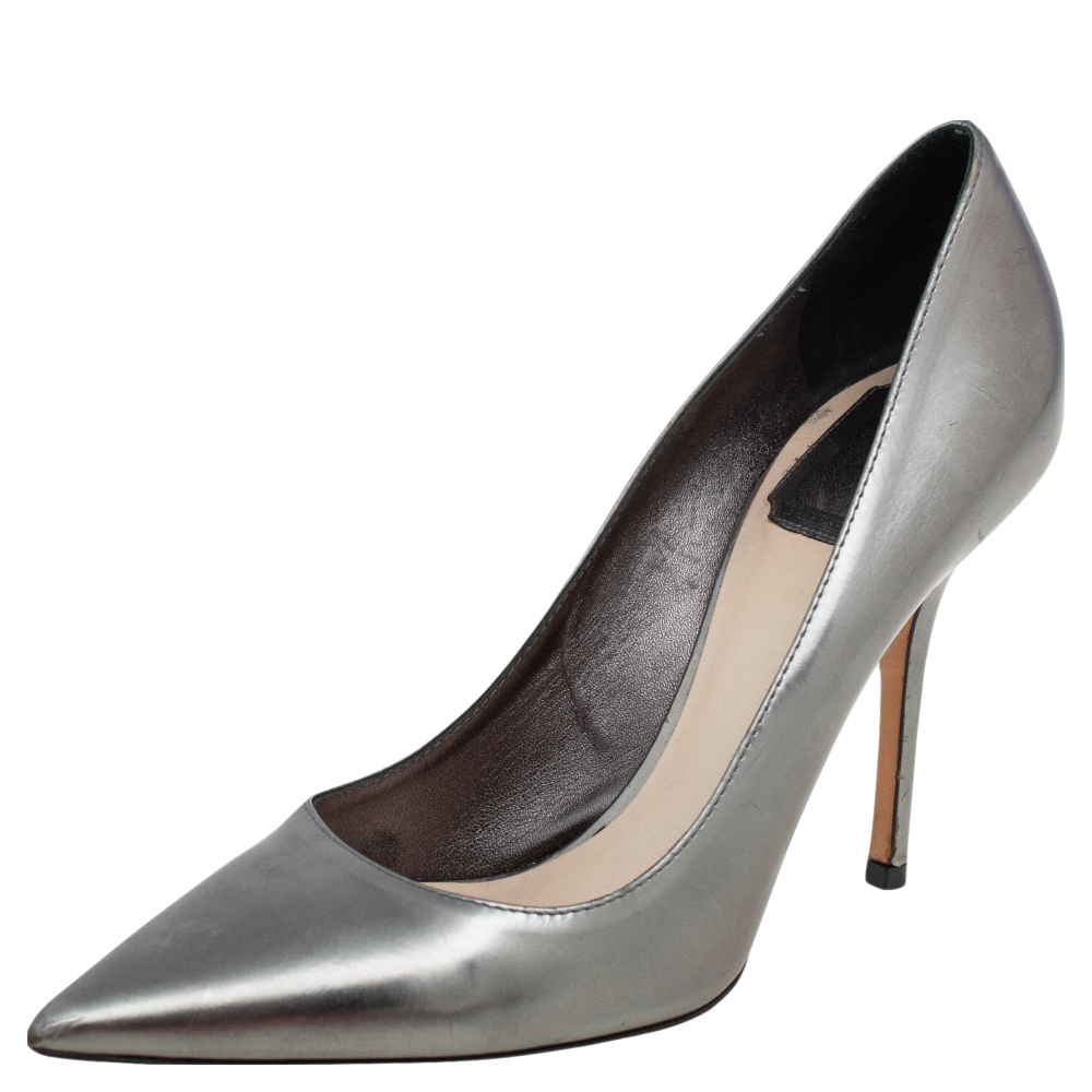 Dior Metallic Grey Leather Pointed Toe Pumps Size 37