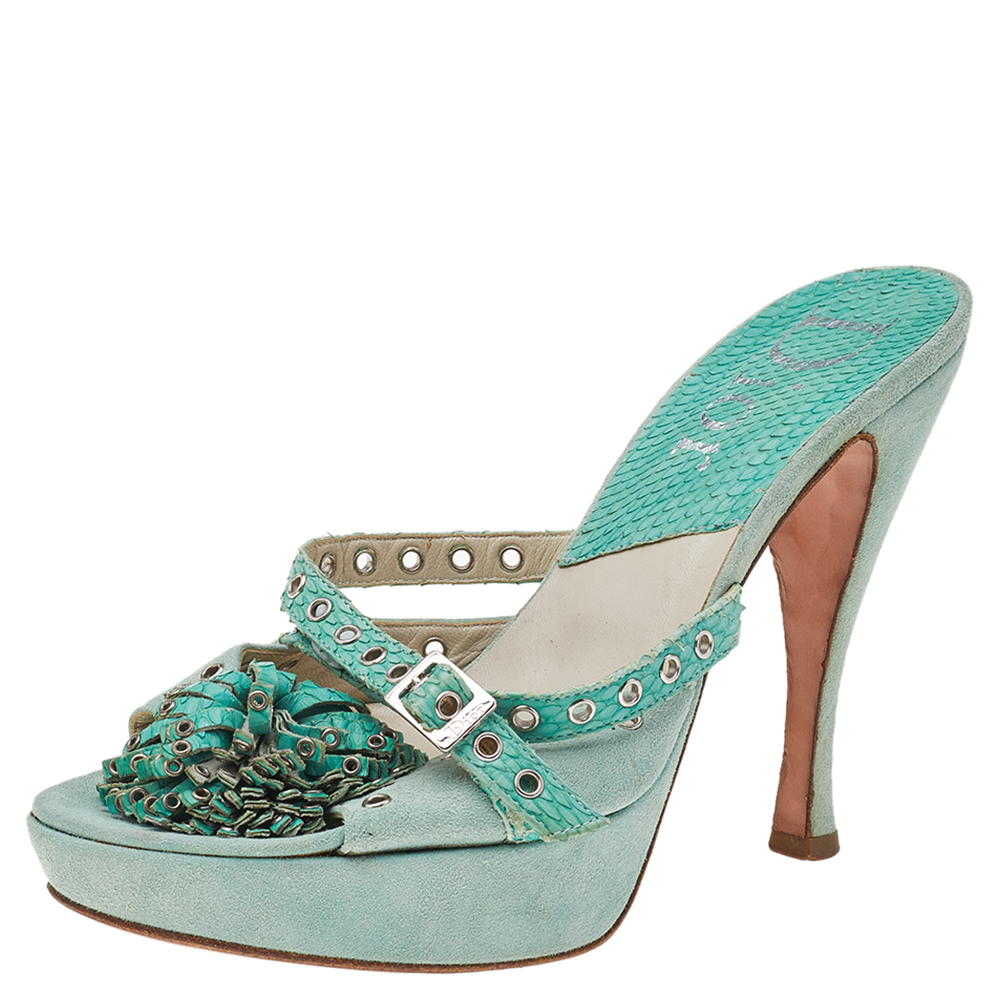 Dior Aqua Green Suede And Python Embossed Leather Eyelet Detail Platform Slide Sandals Size 39