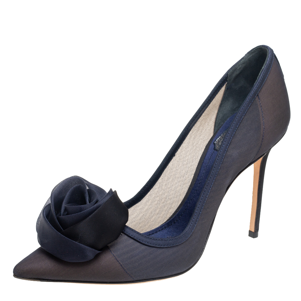 Dior Navy Blue Mesh And Canvas Embellished Rosette Pointed Toe Pumps Size 37