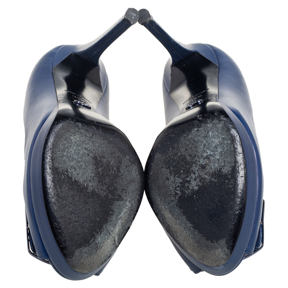 Dior Blue Leather Cannage Plaque Peep Toe Platform Pumps Size 35.5