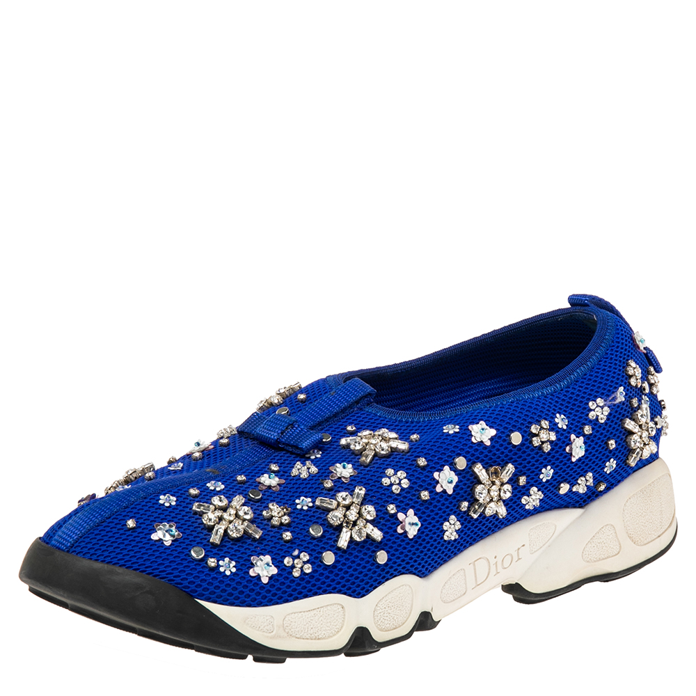 Dior Blue Mesh Fusion Floral Sequins Embellished Slip On Sneakers Size 40.5