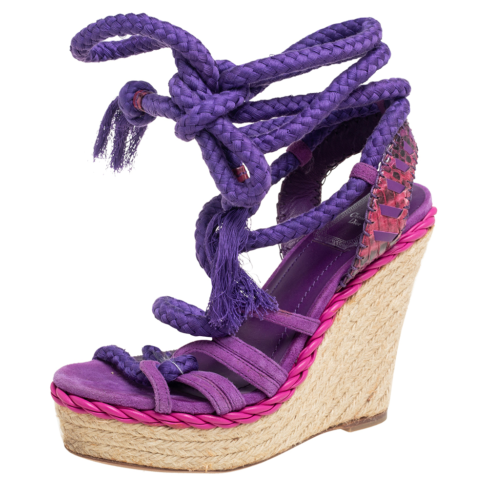 Dior purple suede and python leather espadrille wedge ankle wrap sandals size 36