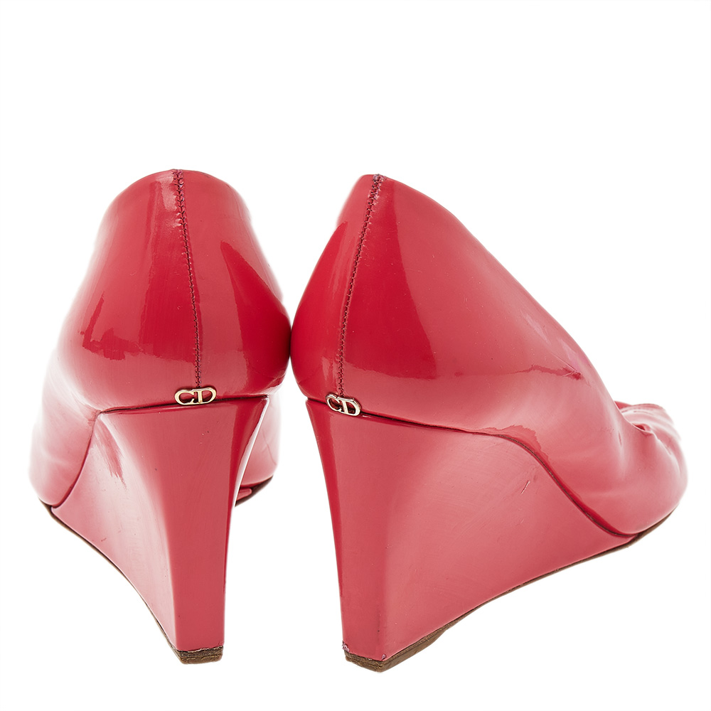 Dior Pink Patent Leather Wedge Peep Toe Pumps Size 40.5