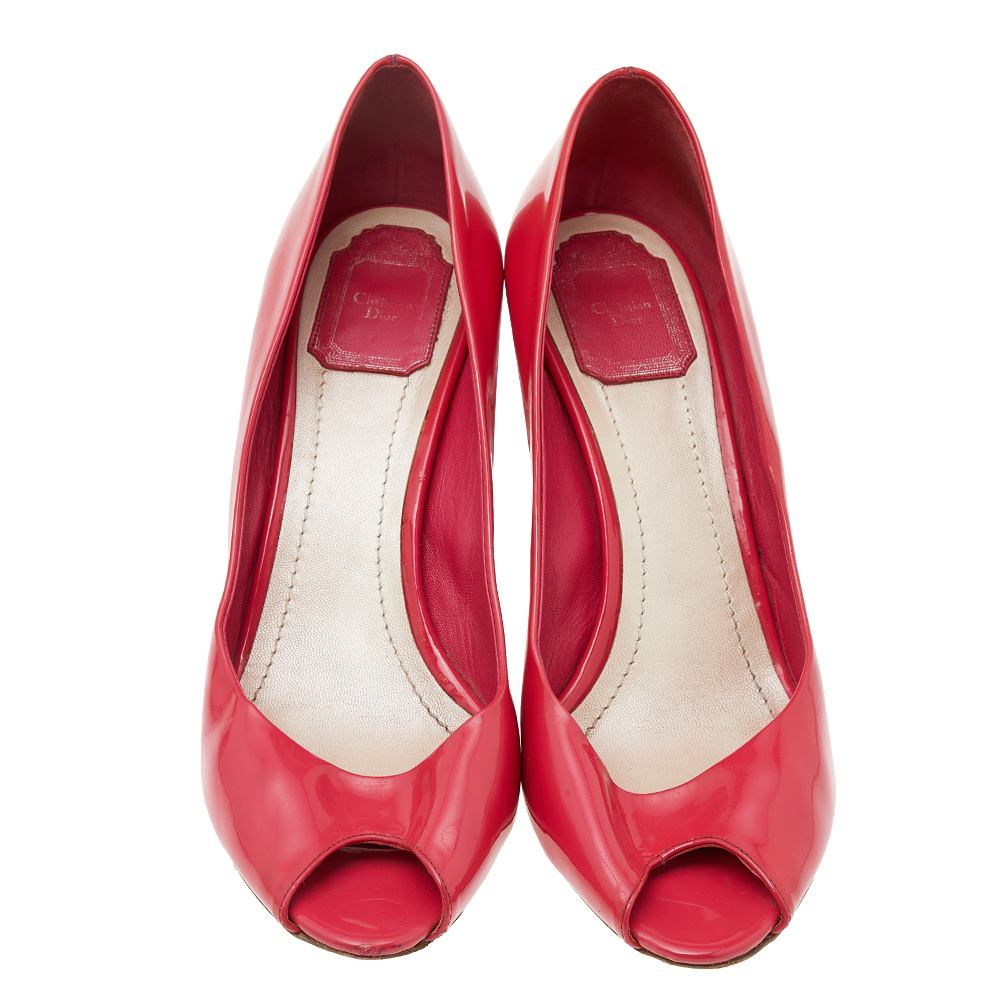 Dior Pink Patent Leather Wedge Peep Toe Pumps Size 40.5