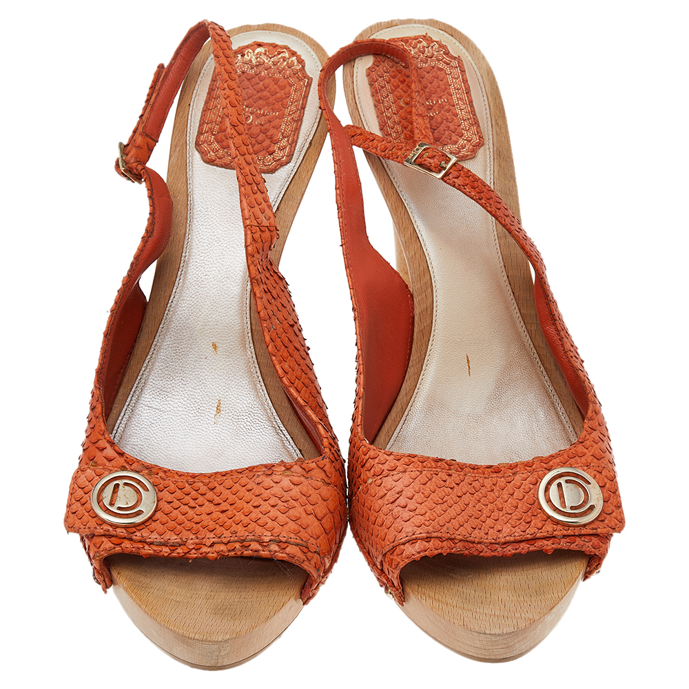 Dior Orange Python Leather Platform Slingback Sandals Size 40