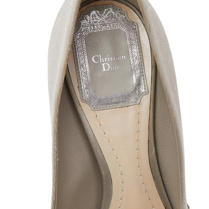 Dior Grey Embellished Satin Peep Toe Platform Pumps Size 35