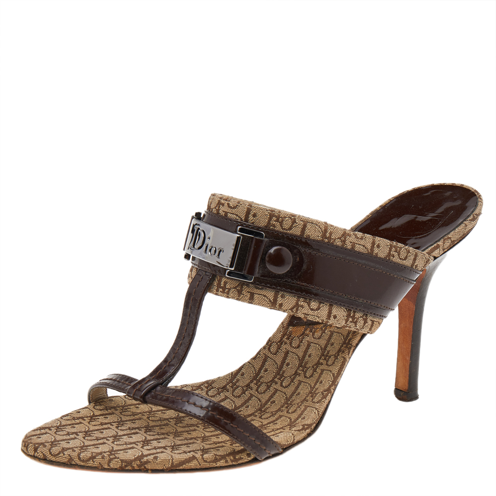 Dior Brown Canvas And Patent Leather T-Strap Sandals Size 38
