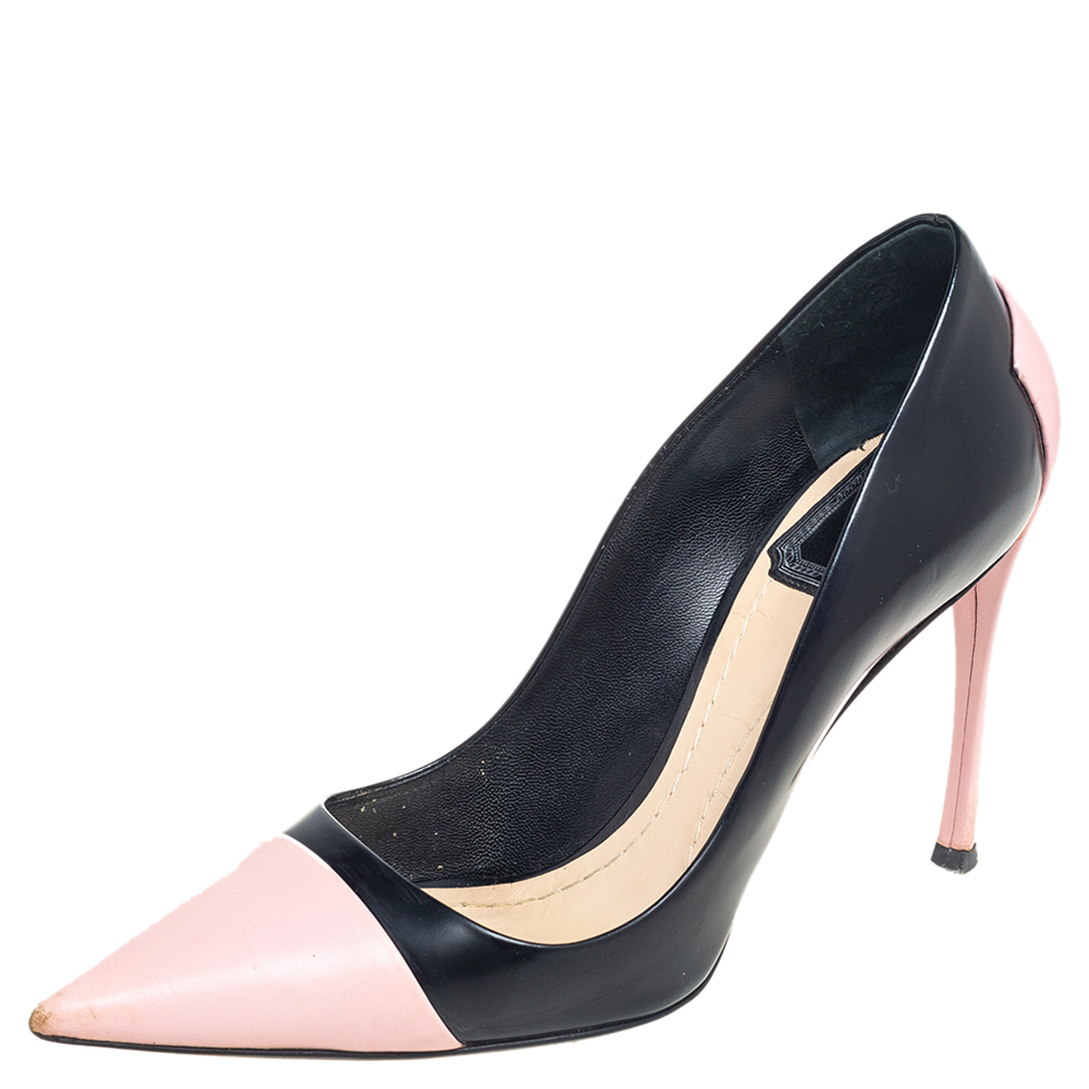 Dior Pink/Black Leather Declinaison Pointed Toe Pumps Size 36.5