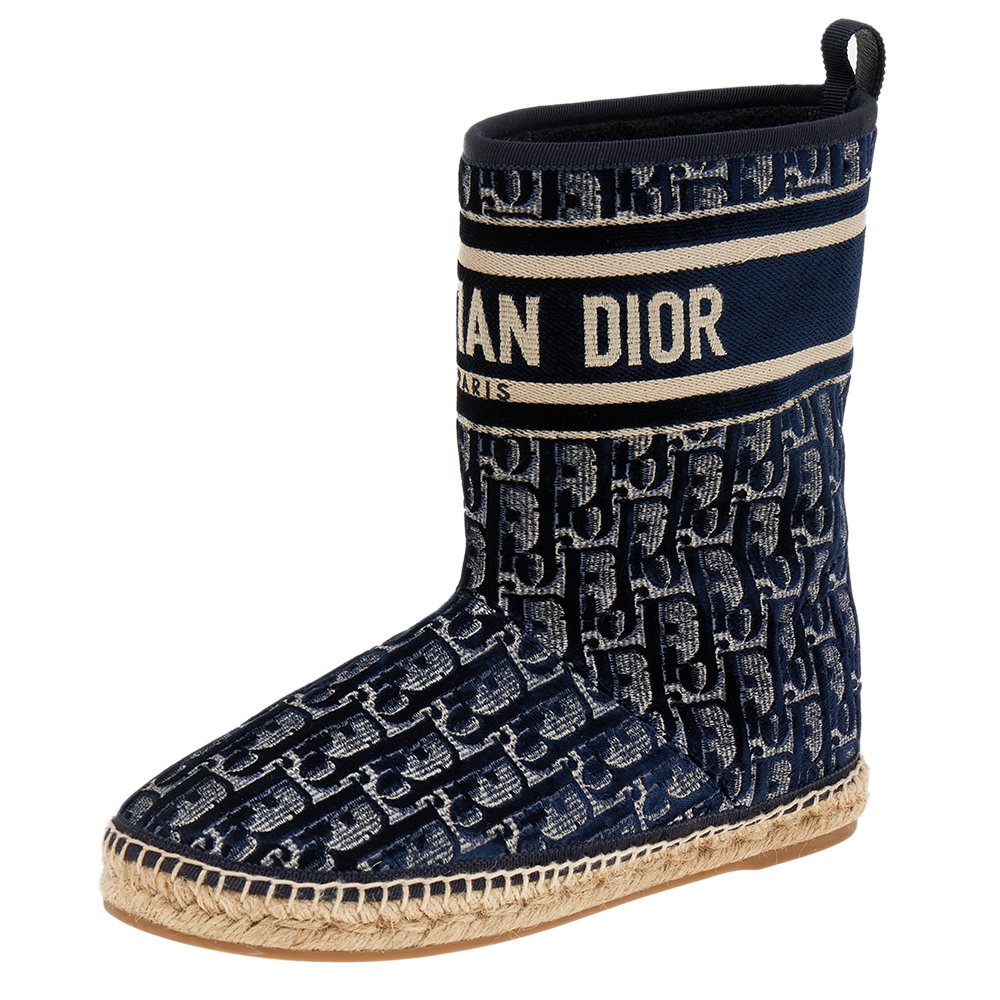 Dior Blue Oblique Velvet Chez Moi Dior Granville Ankle Boots Size 38.5