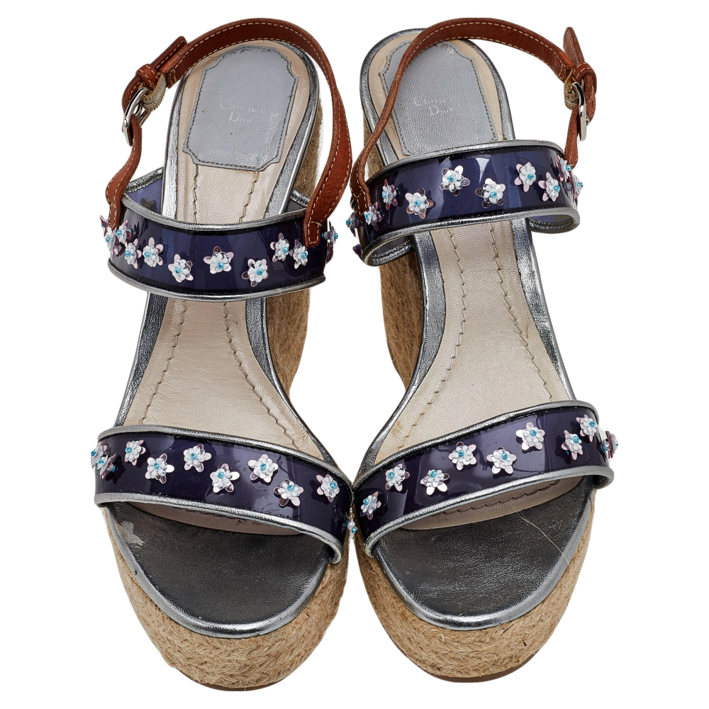 Dior Blue/Brown PVC And Leather Flower Embellished Wedge Platform Espadrille Sandals Size 38.5