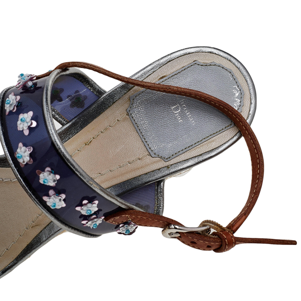 Dior Blue/Brown PVC And Leather Flower Embellished Wedge Platform Espadrille Sandals Size 38.5