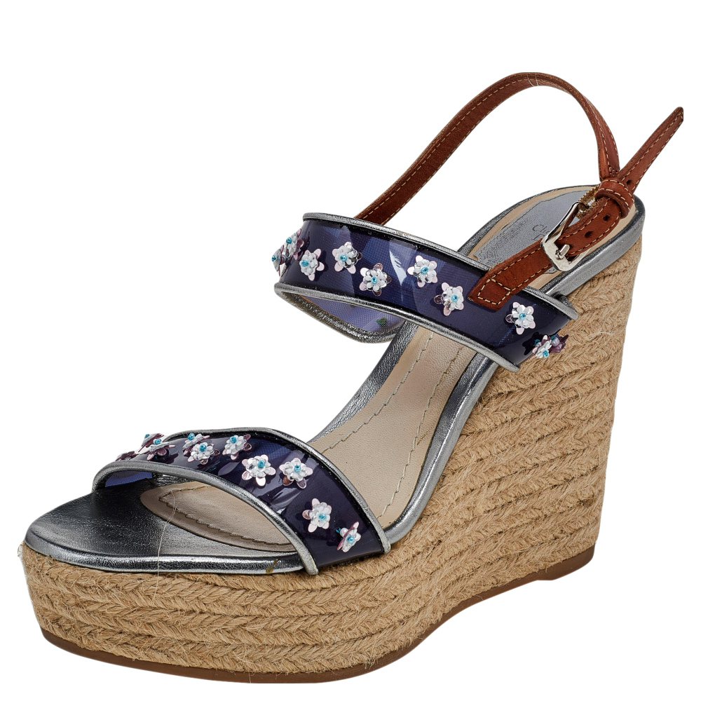 Dior blue/brown pvc and leather flower embellished wedge platform espadrille sandals size 38.5