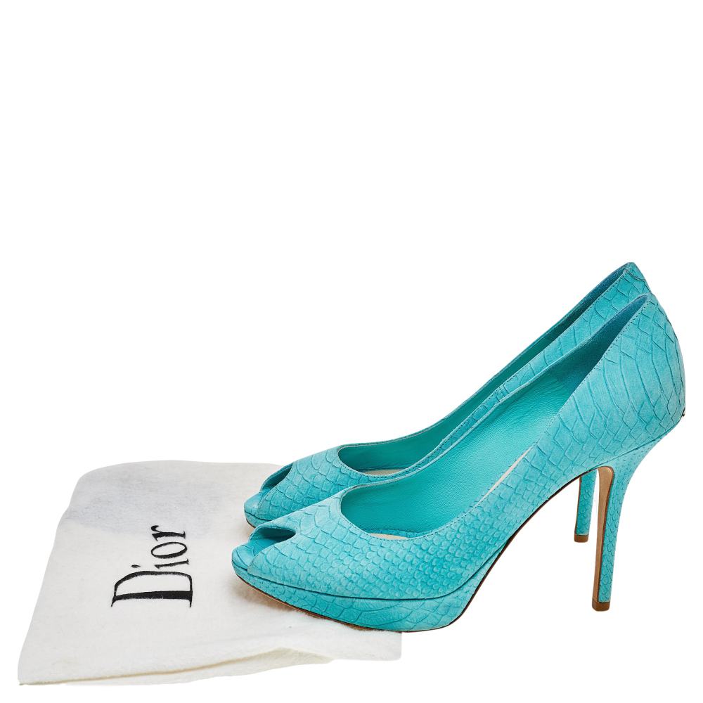 Dior Aqua Blue Python Embossed Suede Miss Dior Peep Toe Platform Pumps Size 40
