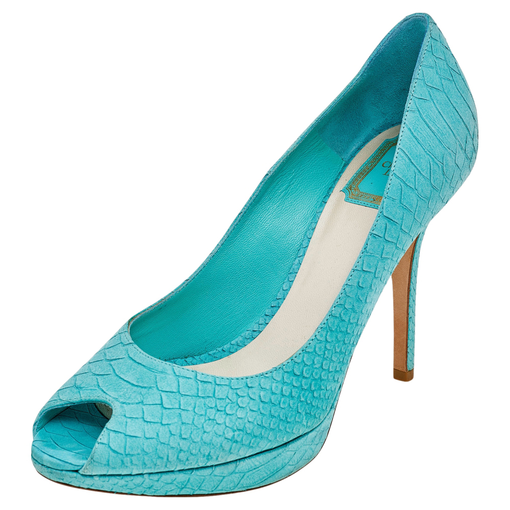 Dior aqua blue python embossed suede miss dior peep toe platform pumps size 40