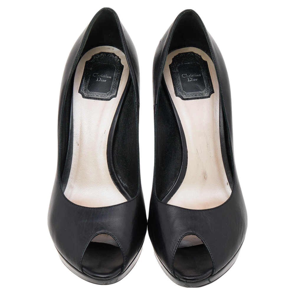 Dior Black Leather Miss Dior Peep Toe Platform Pumps Size 40.5