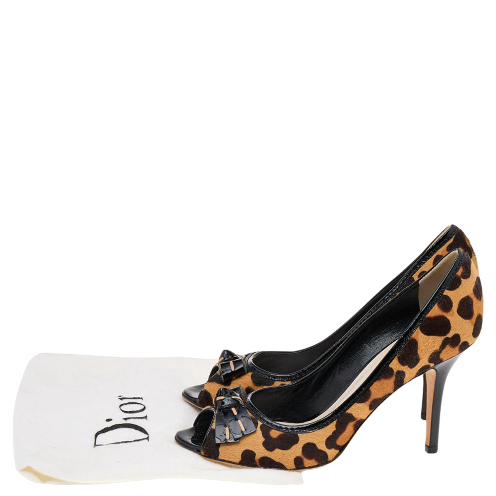 Dior Brown/Black Leopard Print Calf Hair And Patent Leather Bow Open Toe Pumps Size 40