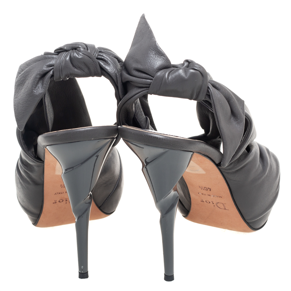 Dior Grey Pleated Leather Peep-Toe D'orsay Bow Slingback Sandals Size 40.5