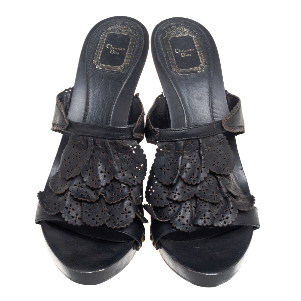 Dior Black Leather Laser Cut Detail Clog Sandals Size 41
