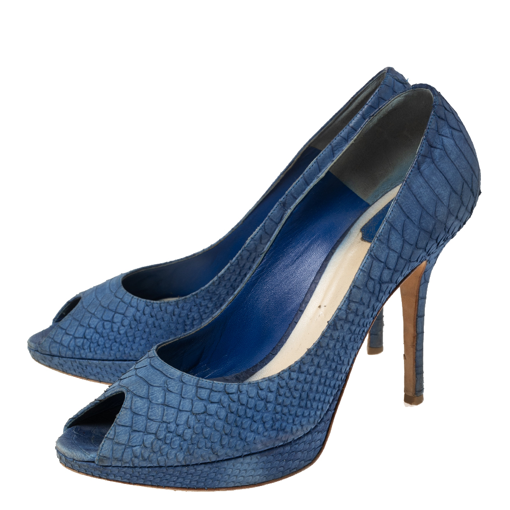 Dior Blue Python Embossed Leather Miss Dior Peep-Toe Pumps Size 41
