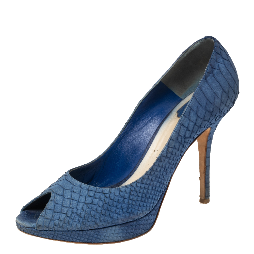 Dior blue python embossed leather miss dior peep-toe pumps size 41