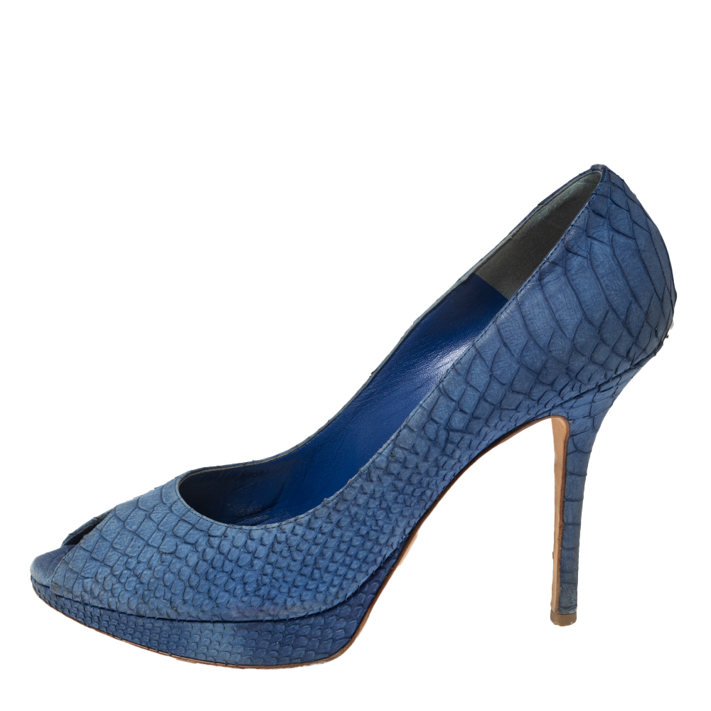 Dior Blue Python Embossed Leather Miss Dior Peep-Toe Pumps Size 41