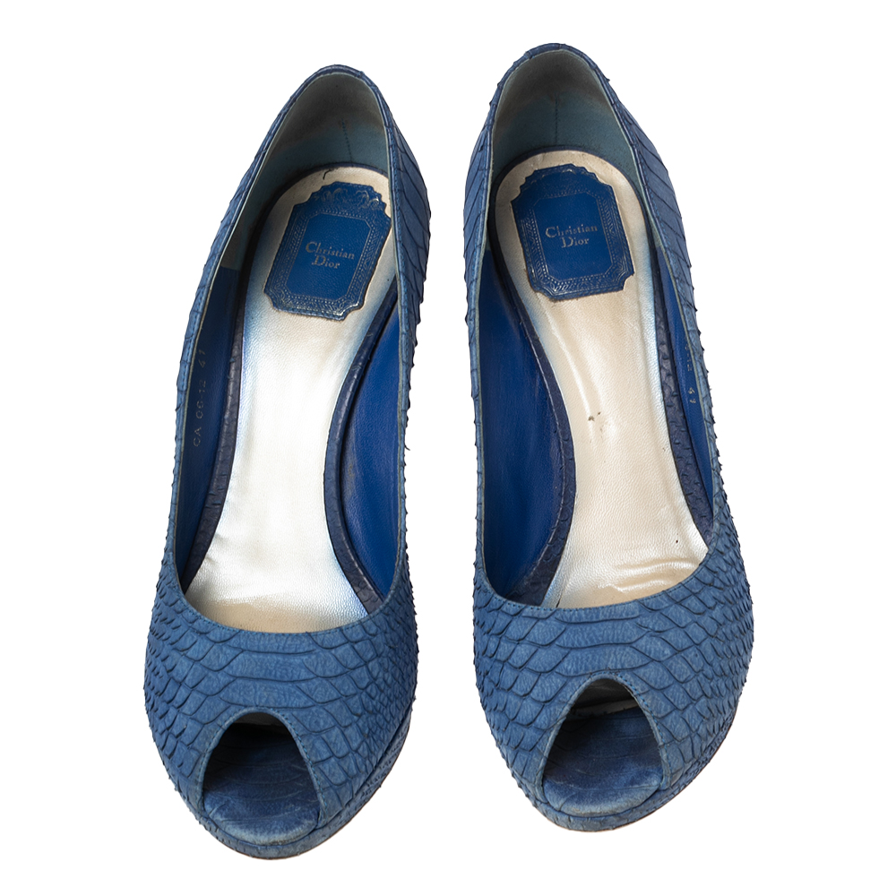 Dior Blue Python Embossed Leather Miss Dior Peep-Toe Pumps Size 41
