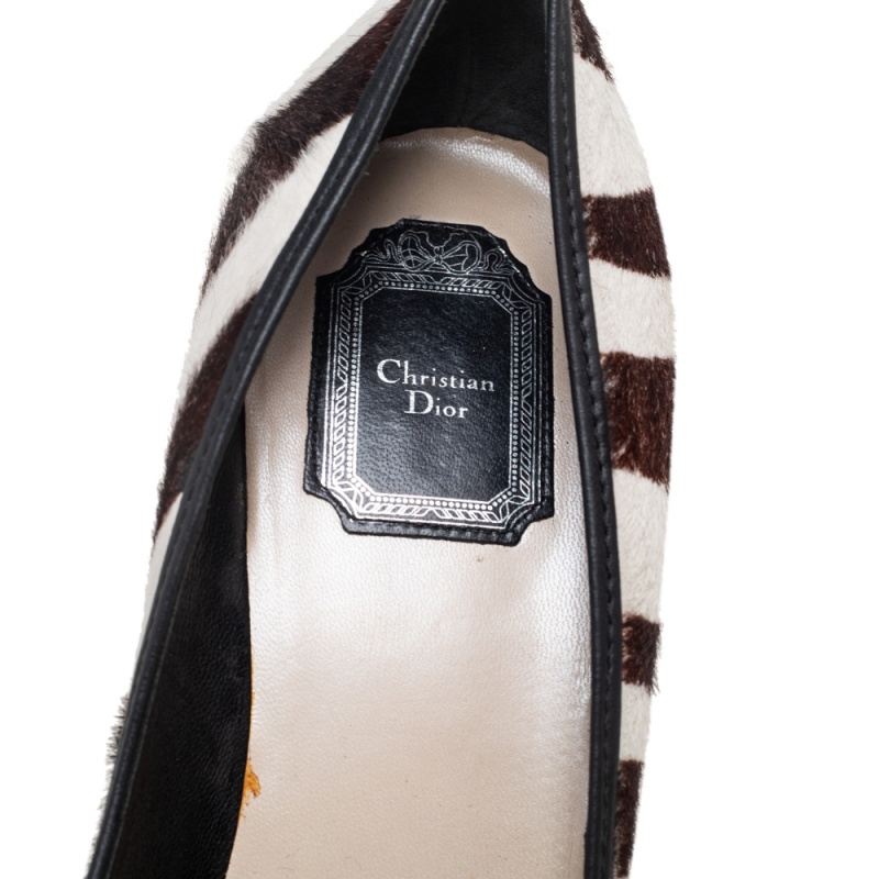 Dior Brown/White Striped Calf Hair Buckle Detail Platform Pumps Size 41