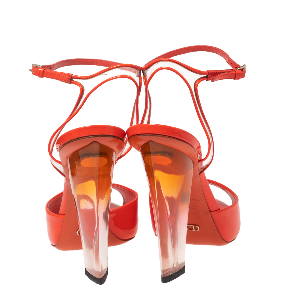 Dior Orange Patent Leather And PVC Clear Block Heels Ankle-Strap Sandals Size 41