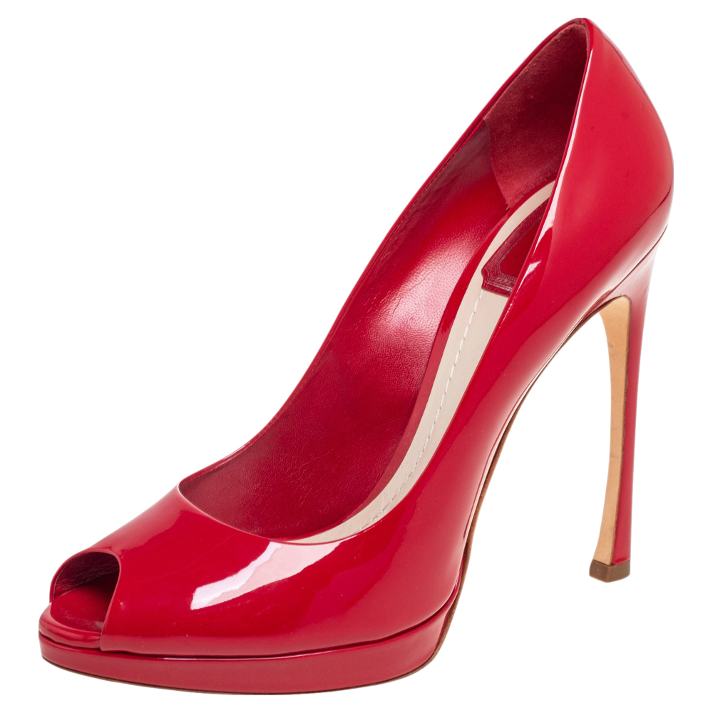 Dior Red Patent Leather Miss Dior Peep Toe Platform Pumps Size 40