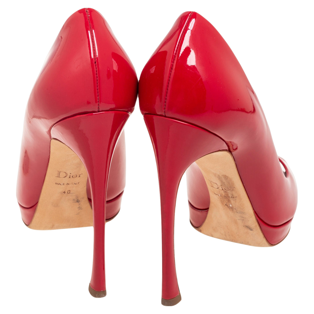 Dior Red Patent Leather Miss Dior Peep Toe Platform Pumps Size 40
