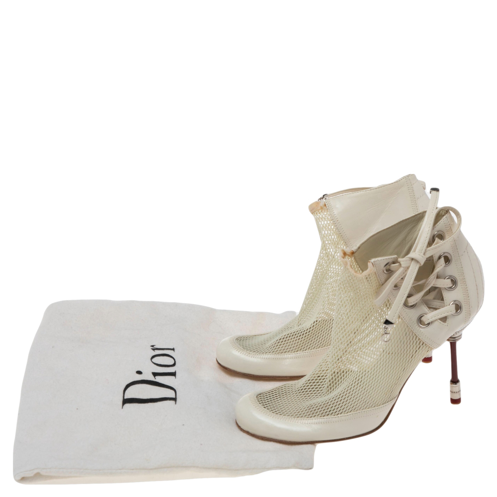 Dior White Net And Leather Lace Up  Ankle Boots Size 35