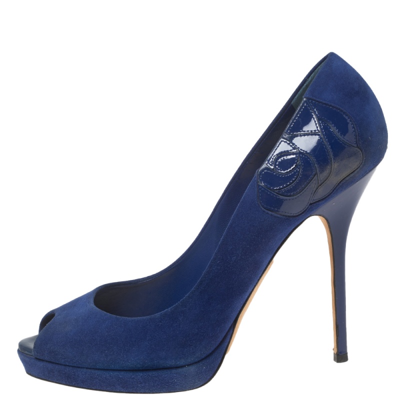 Dior Blue Suede Peep Toe Platform Pumps Size 40.5