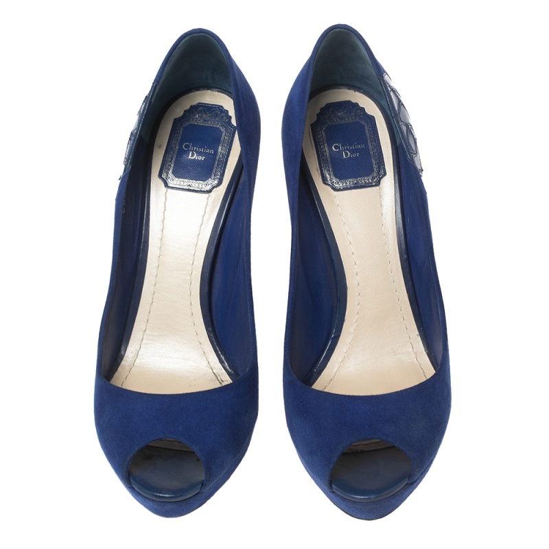 Dior Blue Suede Peep Toe Platform Pumps Size 40.5