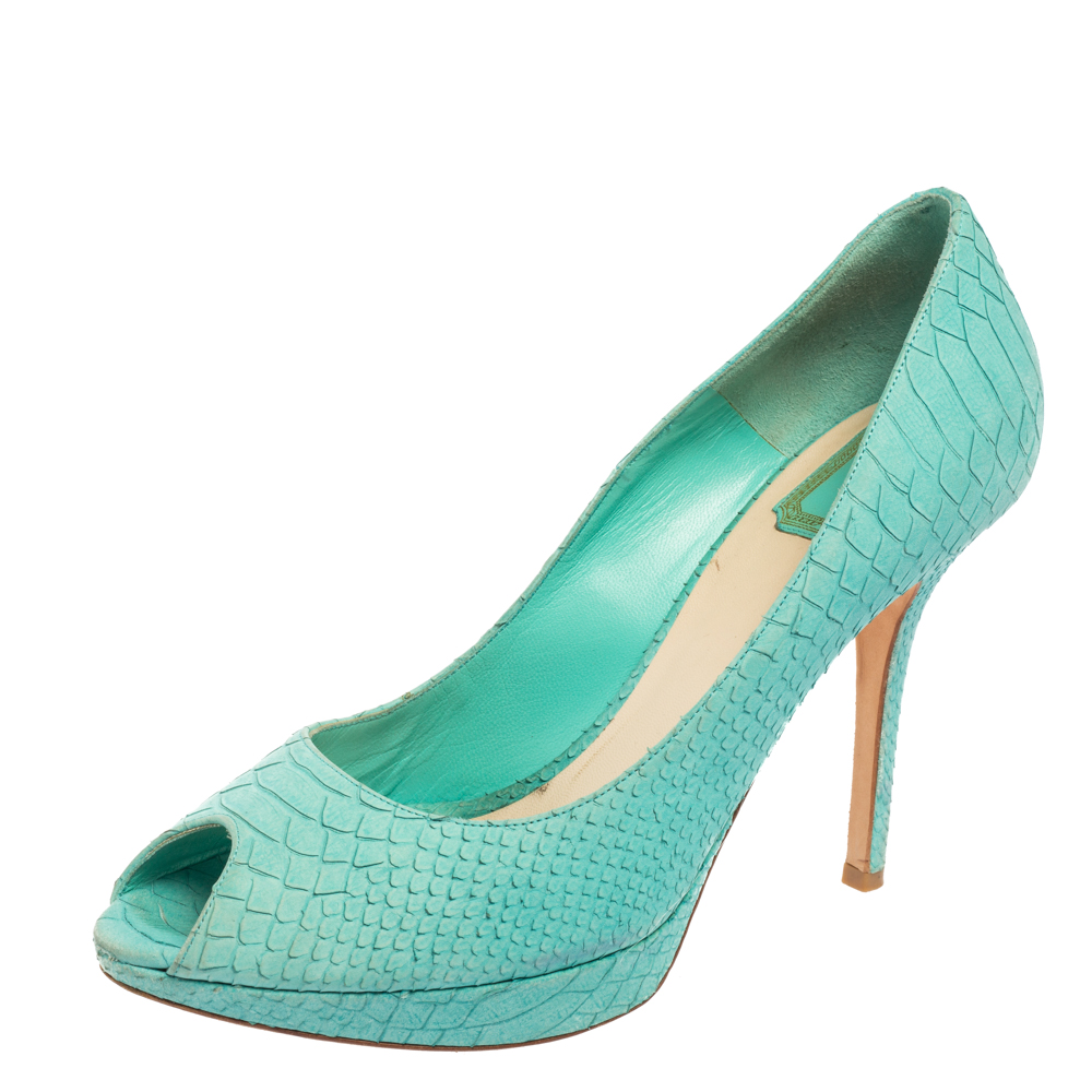 Dior Turquoise Python Embossed Leather Miss Dior Peep-Toe Pumps Size 41