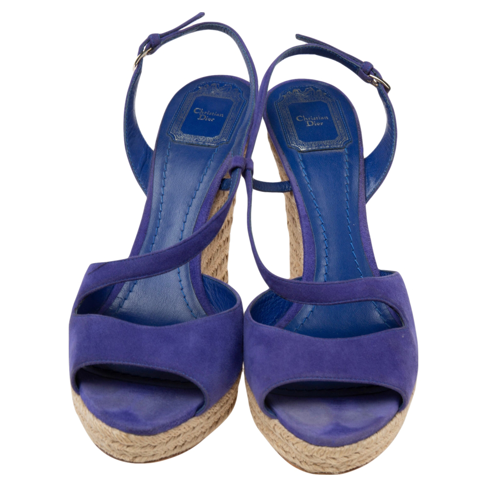 Dior Blue Suede Espadrille Platform Wedge Open Toe Ankle Strap Sandals Size 41
