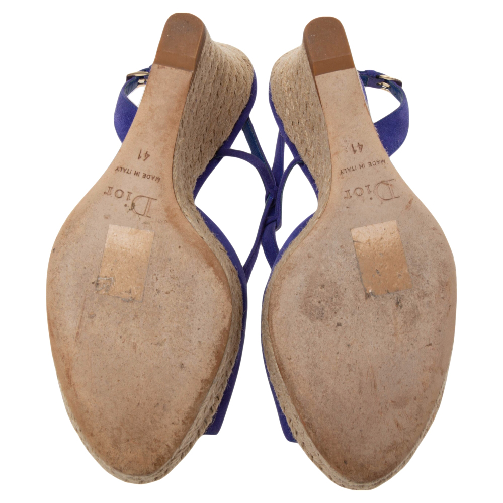 Dior Blue Suede Espadrille Platform Wedge Open Toe Ankle Strap Sandals Size 41