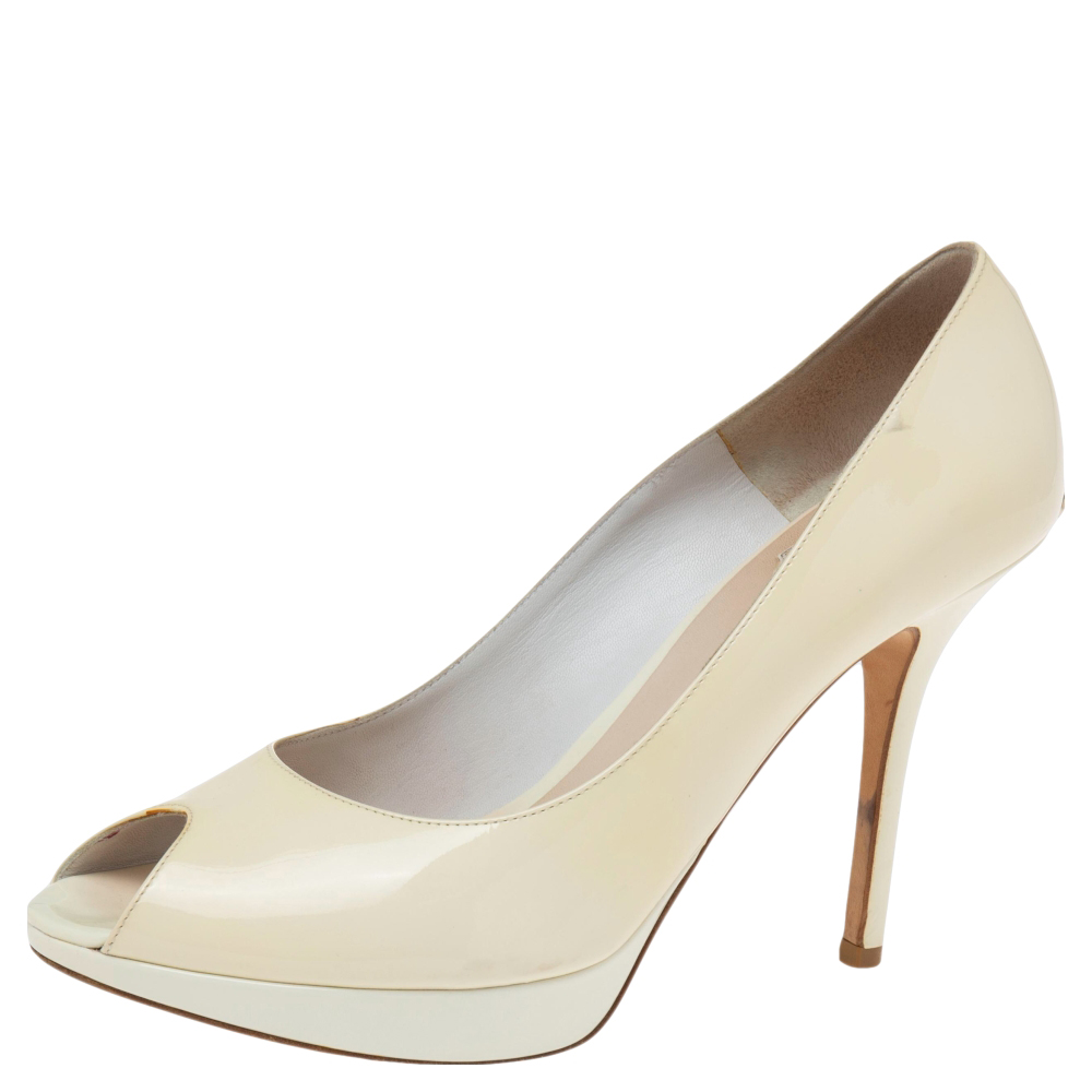 Dior beige patent leather miss dior peep toe platform pumps size 40.5