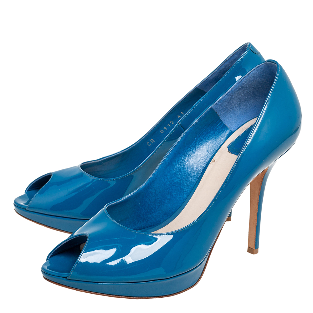 Dior Blue Patent Leather Miss Dior Peep Toe Platform Pumps Size 41