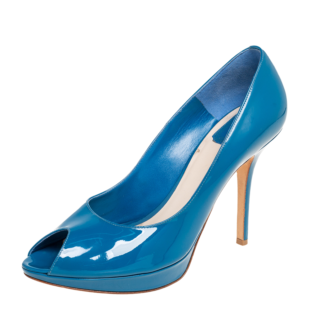 Dior Blue Patent Leather Miss Dior Peep Toe Platform Pumps Size 41