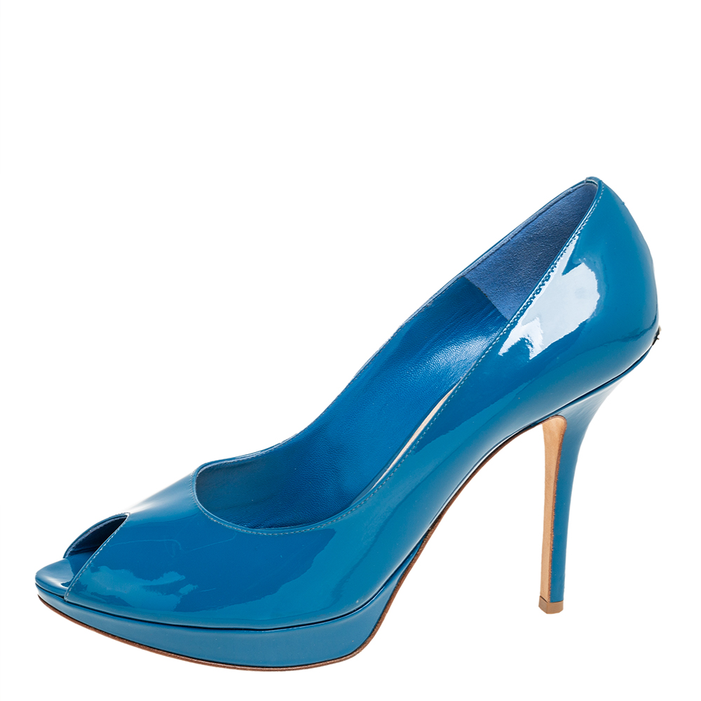 Dior Blue Patent Leather Miss Dior Peep Toe Platform Pumps Size 41