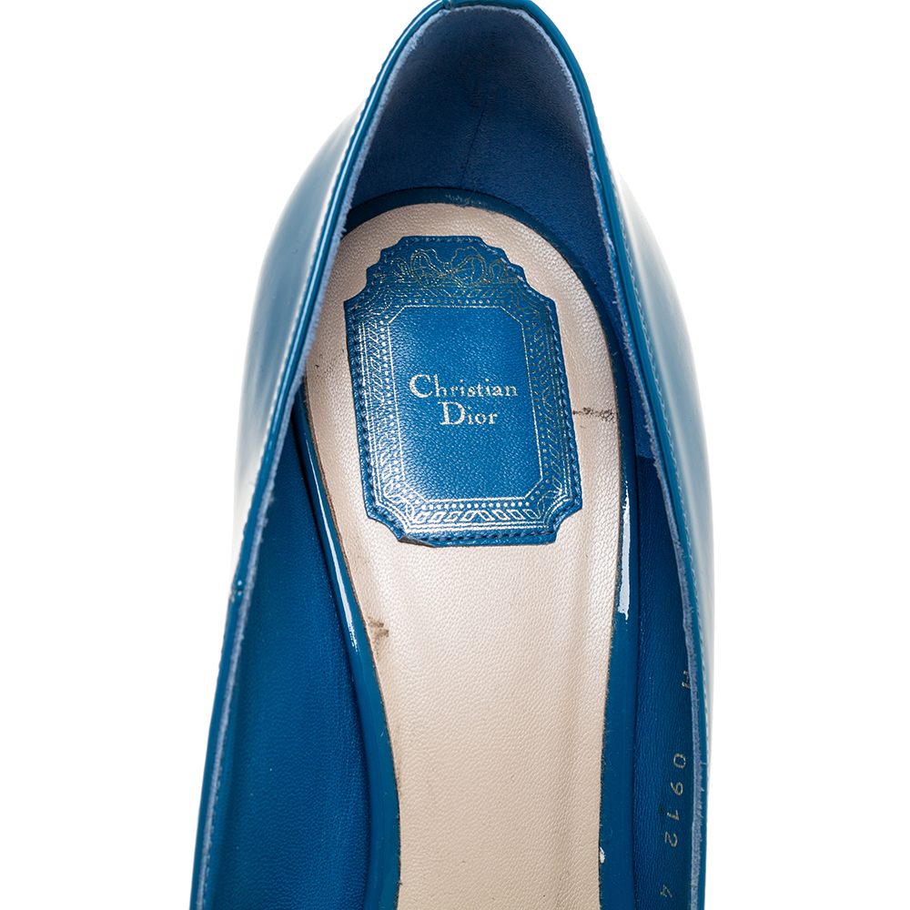 Dior Blue Patent Leather Miss Dior Peep Toe Platform Pumps Size 41