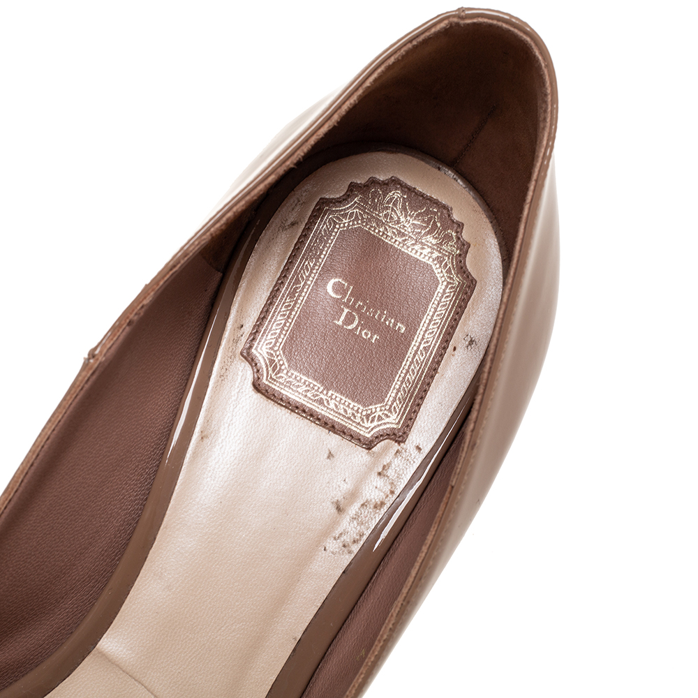 Dior Brown Patent Leather Miss Dior Peep Toe Platform Pumps Size 41
