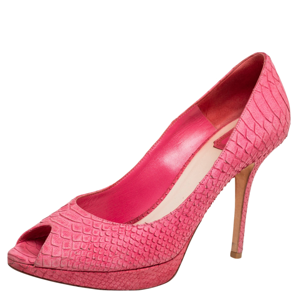 Dior Pink Python Embossed Leather Miss Dior Peep Toe Pumps Size 41