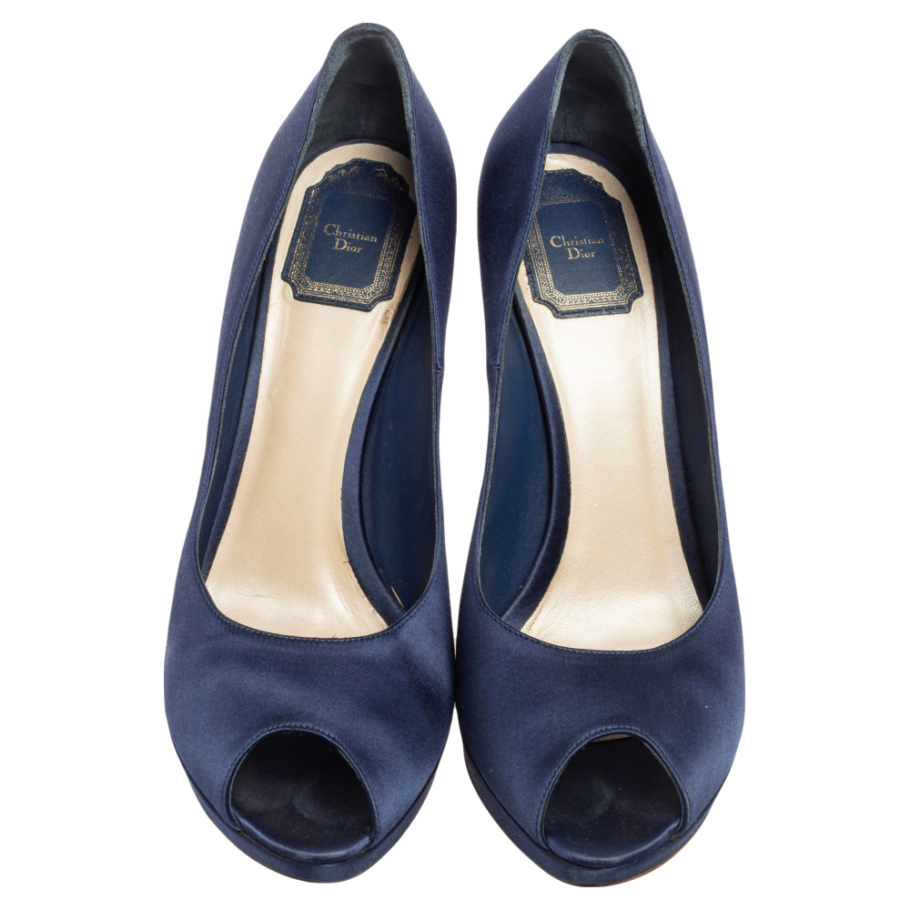 Dior Blue Satin Miss Dior Peep Toe Platform Pumps Size 40.5